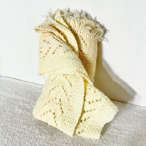 Vintage Handmade Cream Crochet Knit Throw Blanket Afghan W Fringe